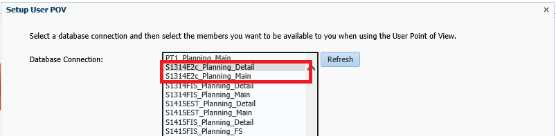 In database connection dropdown, highlighted planning detail and planning main